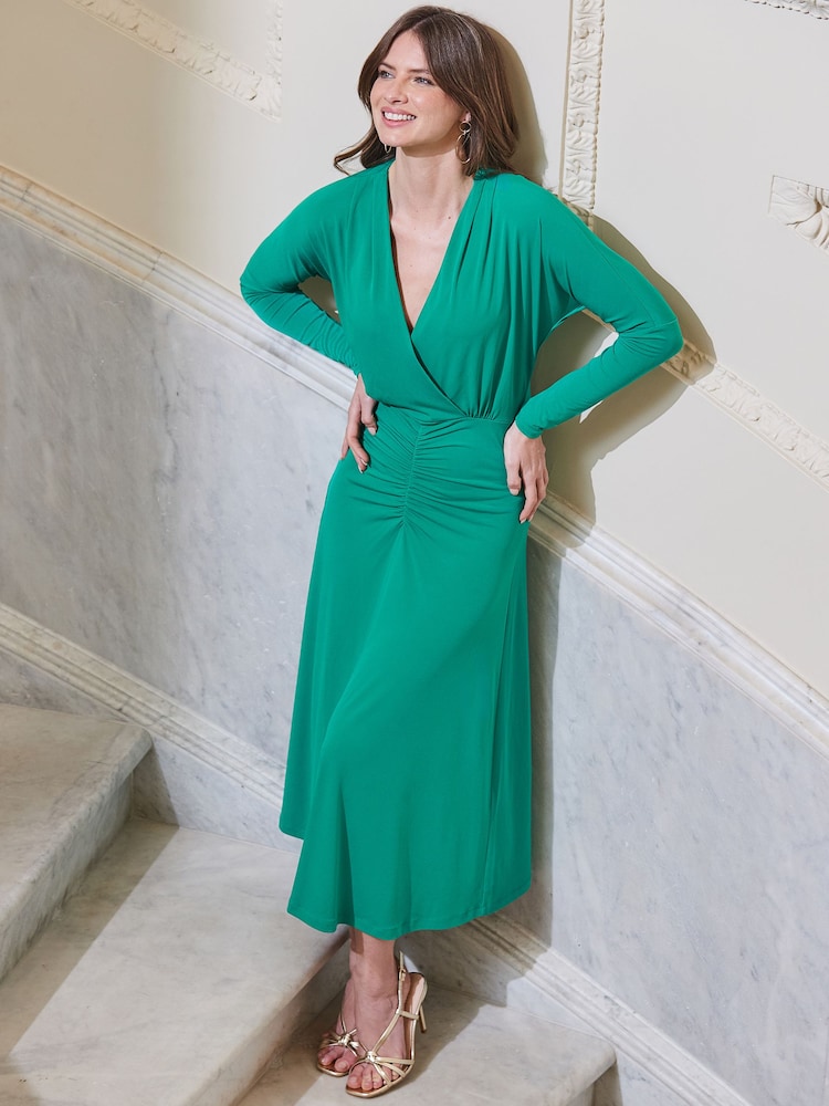 Sosandar Green Ruched Detail Wrap Jersey Midi Dress - Image 1 of 5