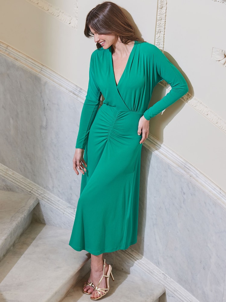 Sosandar Green Ruched Detail Wrap Jersey Midi Dress - Image 5 of 5