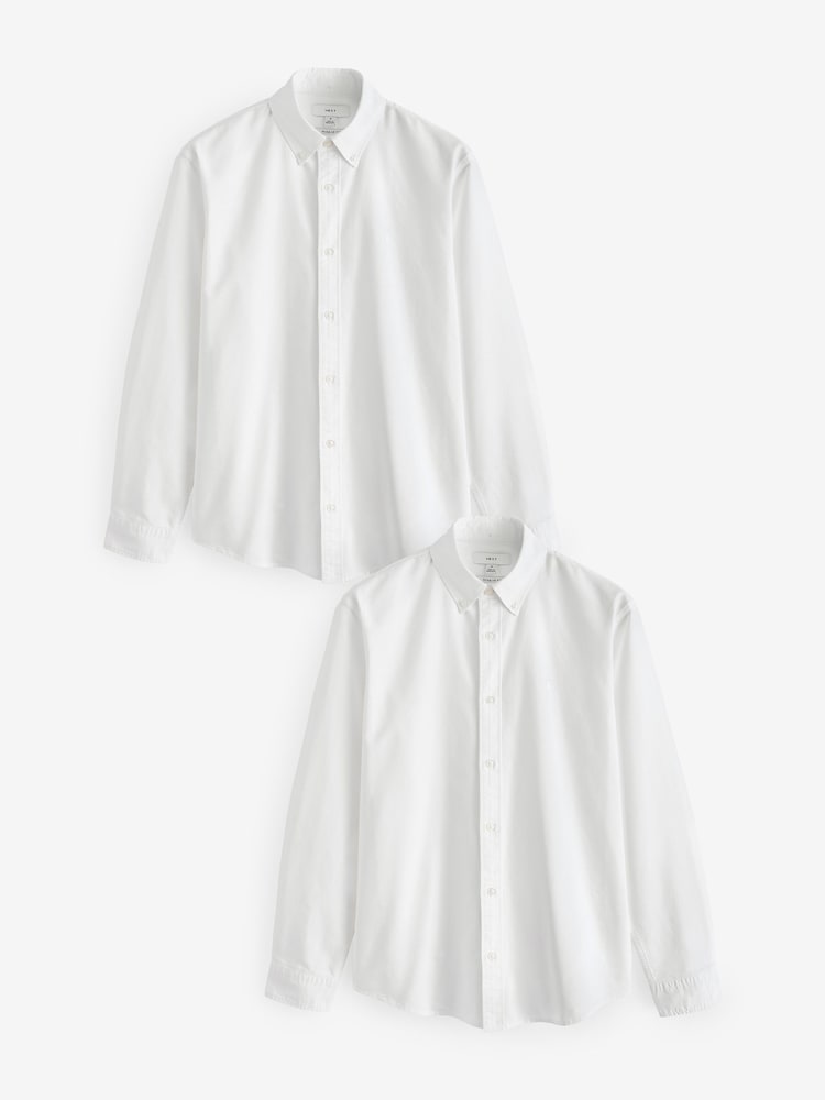 Blanc - Manches longues Oxford 100% Chemises en coton 2 Lot - Image 1 de 9