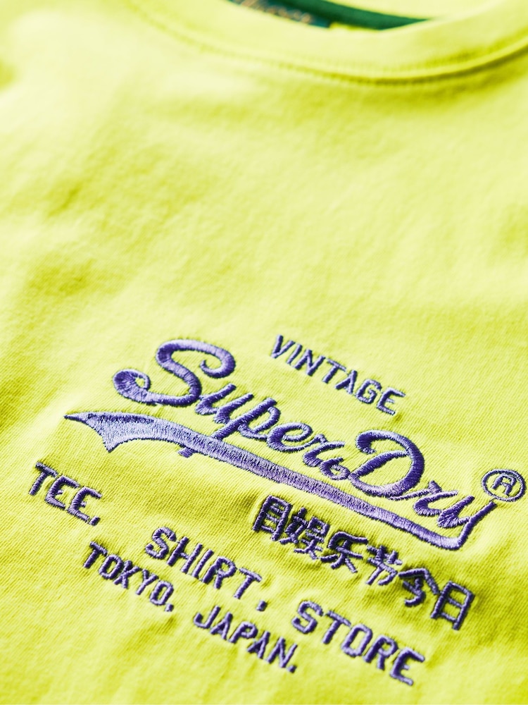 Superdry Neon Yellow Neon Vintage Logo 100% Cotton T-Shirt - Image 5 of 5 Superdry Neon Yellow Neon Vintage Logo 100% Cotton T-Shirt - Image 5 of 5