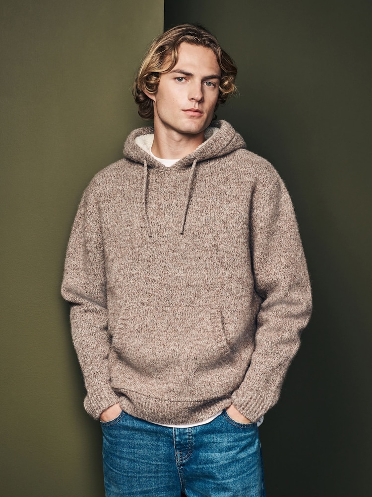 Neutral Relaxed Fit Borg Lined Knit Hoodie with Wool - Image 1 of 7