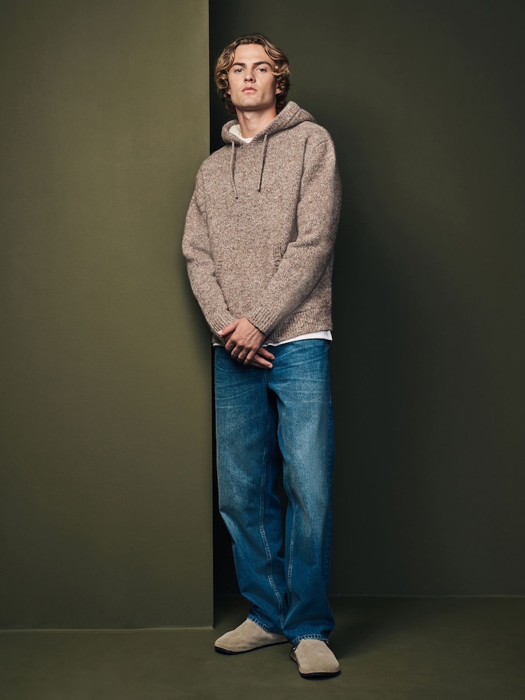 Neutral Relaxed Fit Borg Lined Knit Hoodie with Wool - Image 2 of 7