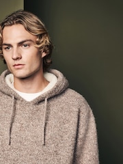 Neutral Relaxed Fit Borg Lined Knit Hoodie with Wool - Image 4 of 7