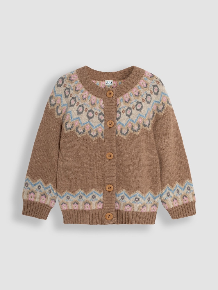 JoJo Maman Bébé Mocha Fair Isle Pattern Cardigan - Image 1 of 3