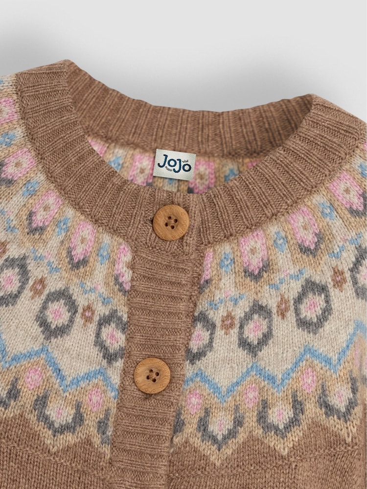 JoJo Maman Bébé Mocha Fair Isle Pattern Cardigan - Image 3 of 3