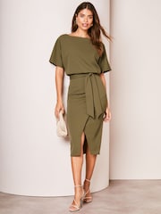 Lipsy Khaki Green Petite Kimono Belted Midi Dress - Image 1 of 4
