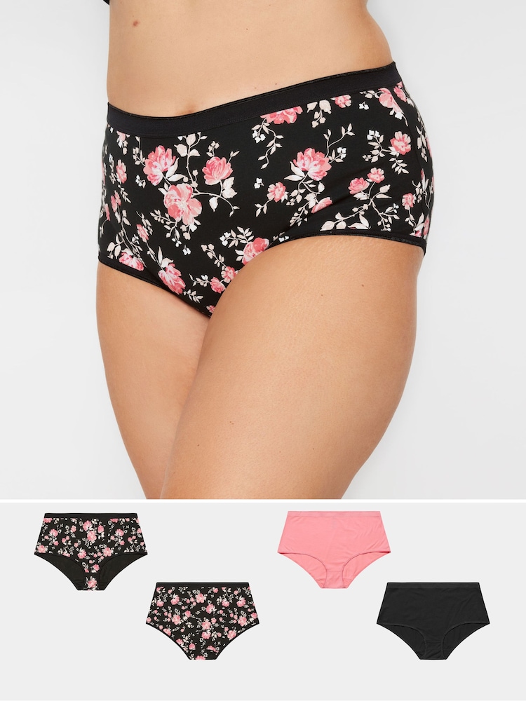 Yours Curve Pink YOURS 5 PACK Curve Black & Pink Floral Print Full Briefs - Image 1 of 5