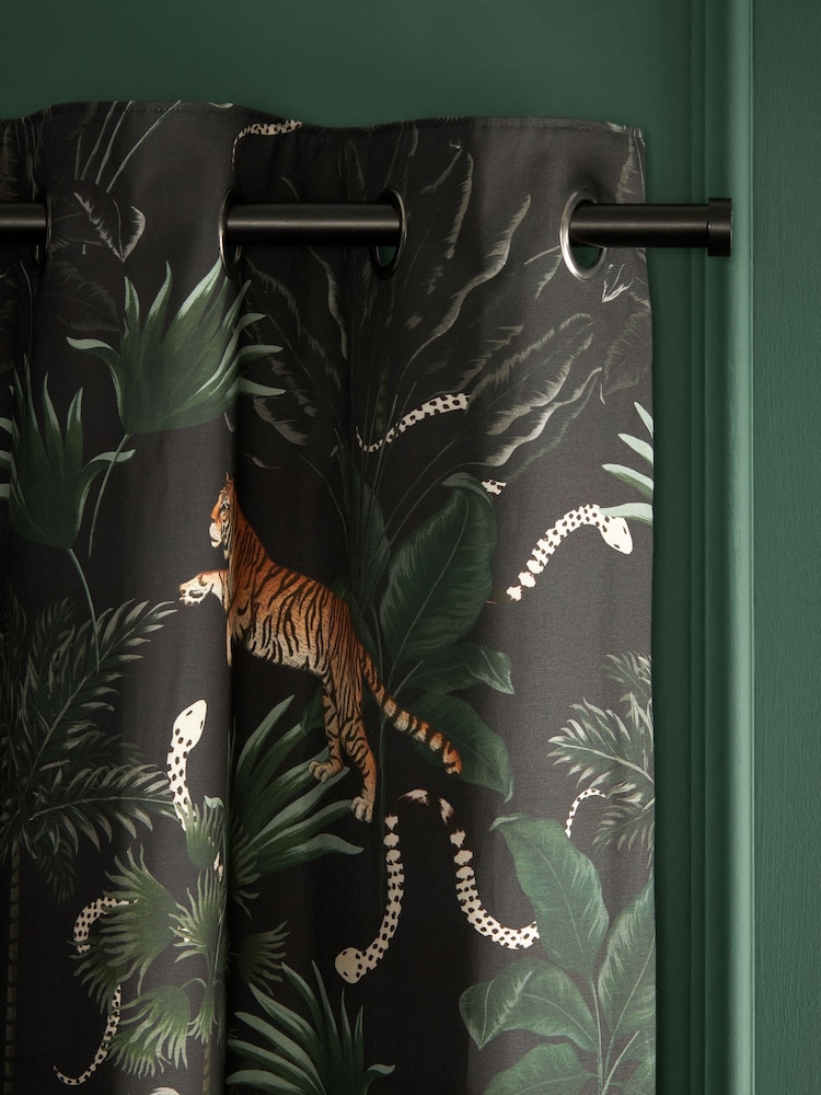 Black Tiger Print Eyelet Lined Curtains - Image 1 of 5