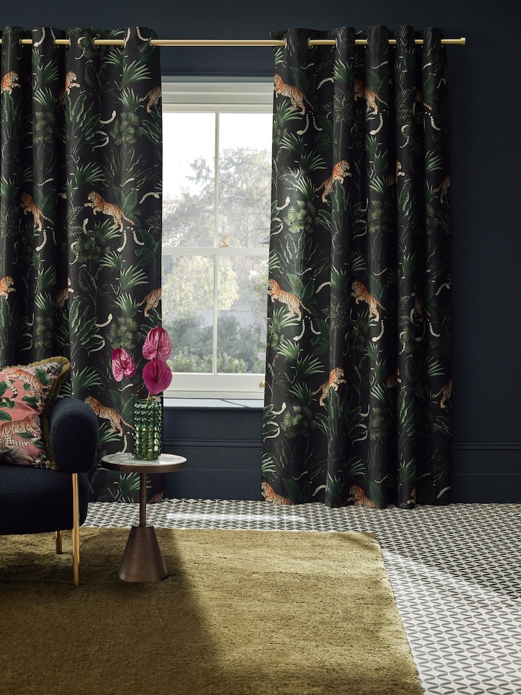 Black Tiger Print Eyelet Lined Curtains - Image 2 of 5