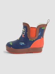 JoJo Maman Bébé Navy Blue Dinosaur Cosy Lined Fox Print Ankle Wellies - Image 3 of 4