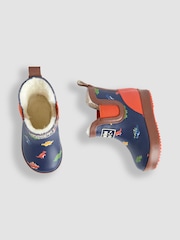 JoJo Maman Bébé Navy Blue Dinosaur Cosy Lined Fox Print Ankle Wellies - Image 4 of 4