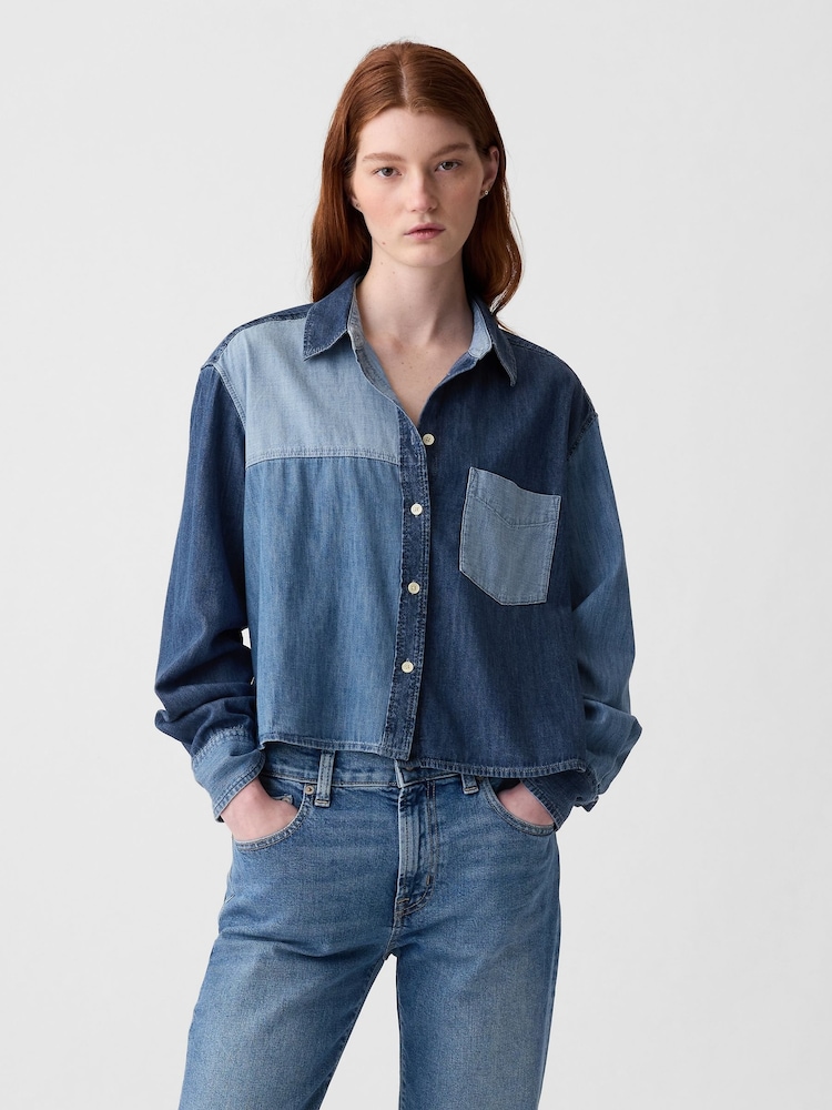 Gap Blue Cropped Patchwork Denim Shirt - Image 1 of 5 Gap Blue Cropped Patchwork Denim Shirt - Image 1 of 5