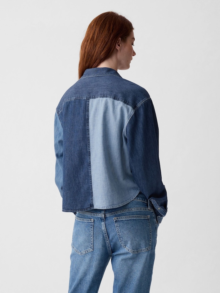 Gap Blue Cropped Patchwork Denim Shirt - Image 2 of 5 Gap Blue Cropped Patchwork Denim Shirt - Image 2 of 5