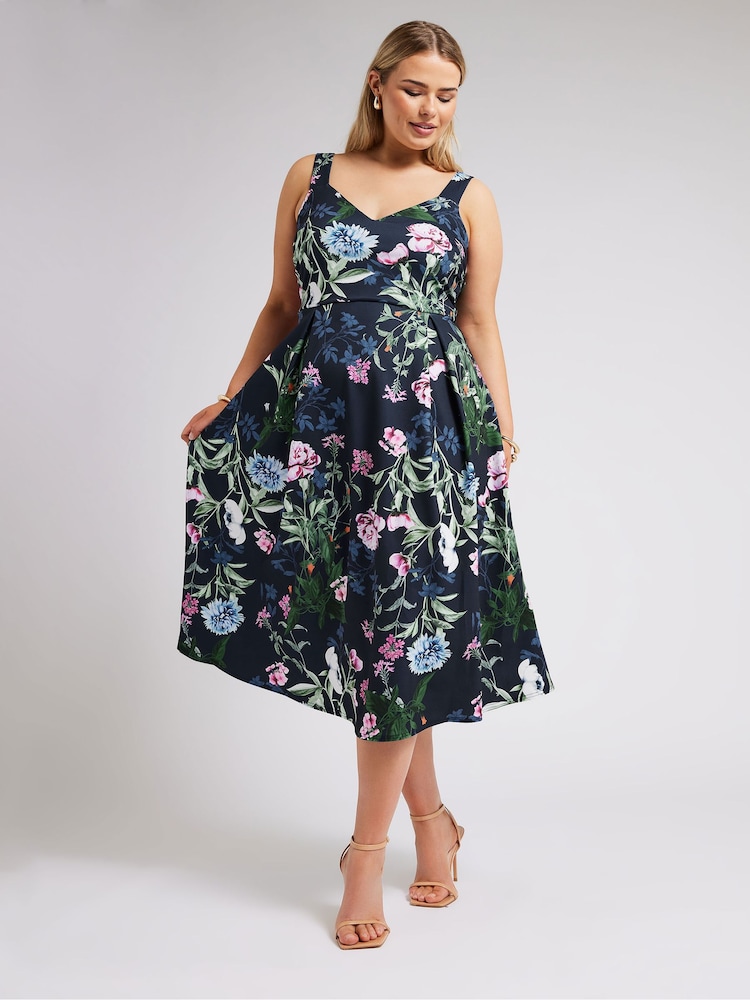 Yours Curve Blue London Sweetheart Pleated Dress - Image 1 of 5