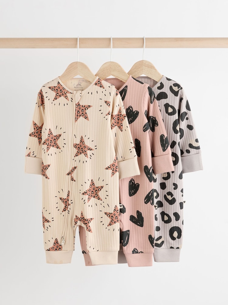 Brown Two Way Zip Baby Footless 100% Cotton Sleepsuits 3 Pack (0mths-3yrs) - Image 1 of 10