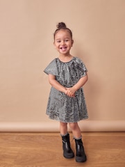 Charcoal Bow Sequin Party Angel Sleeve Dress (3mths-10yrs) - Image 4 of 7