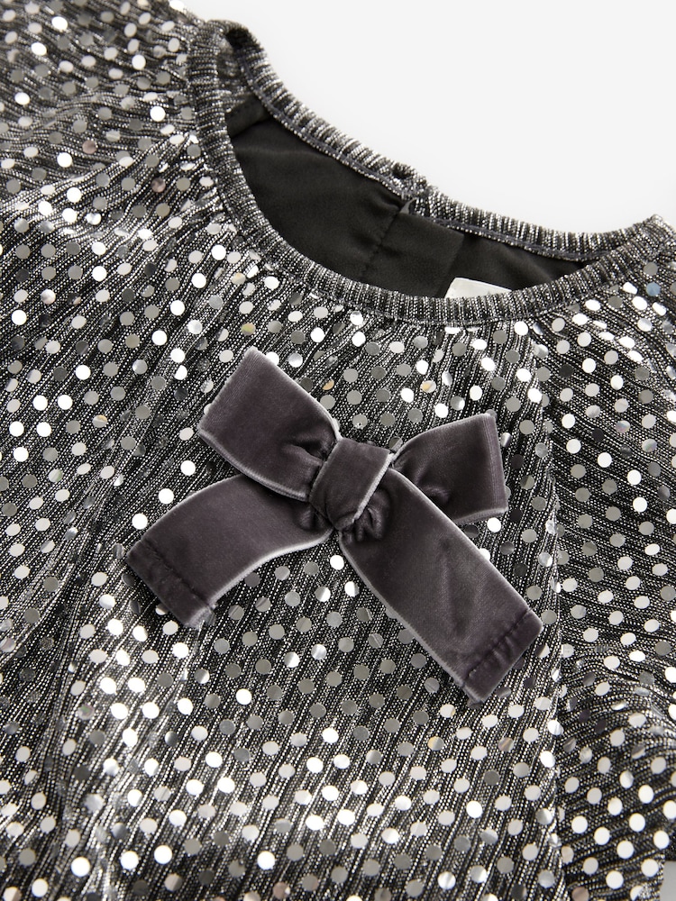 Charcoal Bow Sequin Party Angel Sleeve Dress (3mths-10yrs) - Image 7 of 7