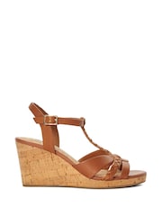 Dune London Brown Wide Fit Koala Plait T-Bar Strap Cork Wedge Heels - Image 3 of 7