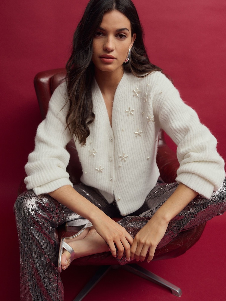 White Ecru Pearl Embellished Button Knitted Cardigan - Image 1 of 10 White Ecru Pearl Embellished Button Knitted Cardigan - Image 1 of 10