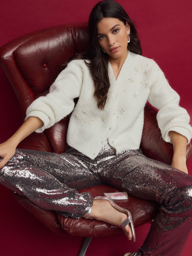 White Ecru Pearl Embellished Button Knitted Cardigan - Image 2 of 10 White Ecru Pearl Embellished Button Knitted Cardigan - Image 2 of 10