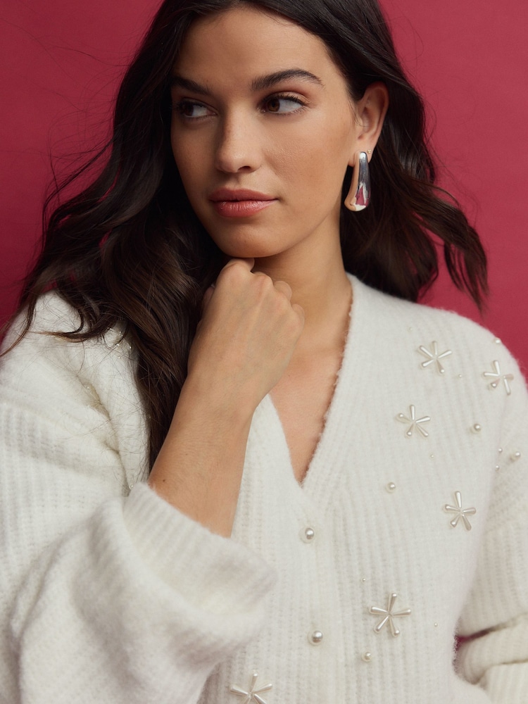 White Ecru Pearl Embellished Button Knitted Cardigan - Image 6 of 10