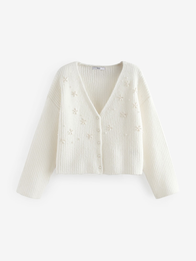 White Ecru Pearl Embellished Button Knitted Cardigan - Image 7 of 10