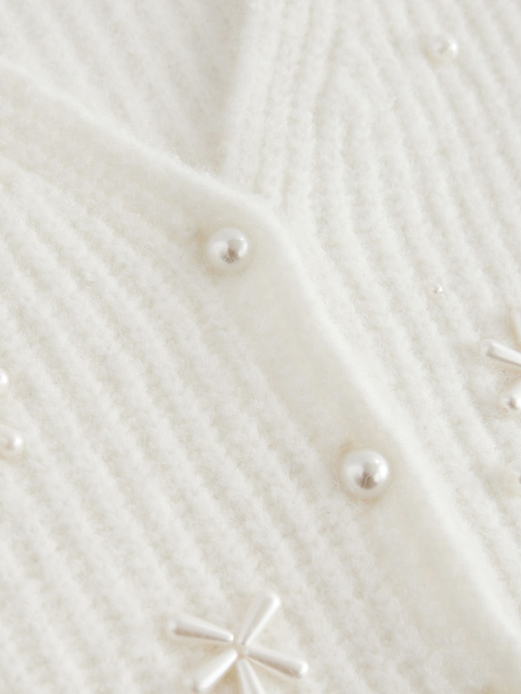 White Ecru Pearl Embellished Button Knitted Cardigan - Image 9 of 10