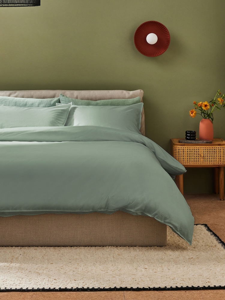 MADE.COM Sage Green Cosy Washed Cotton Duvet Cover and Pillowcase Set - Image 1 of 3