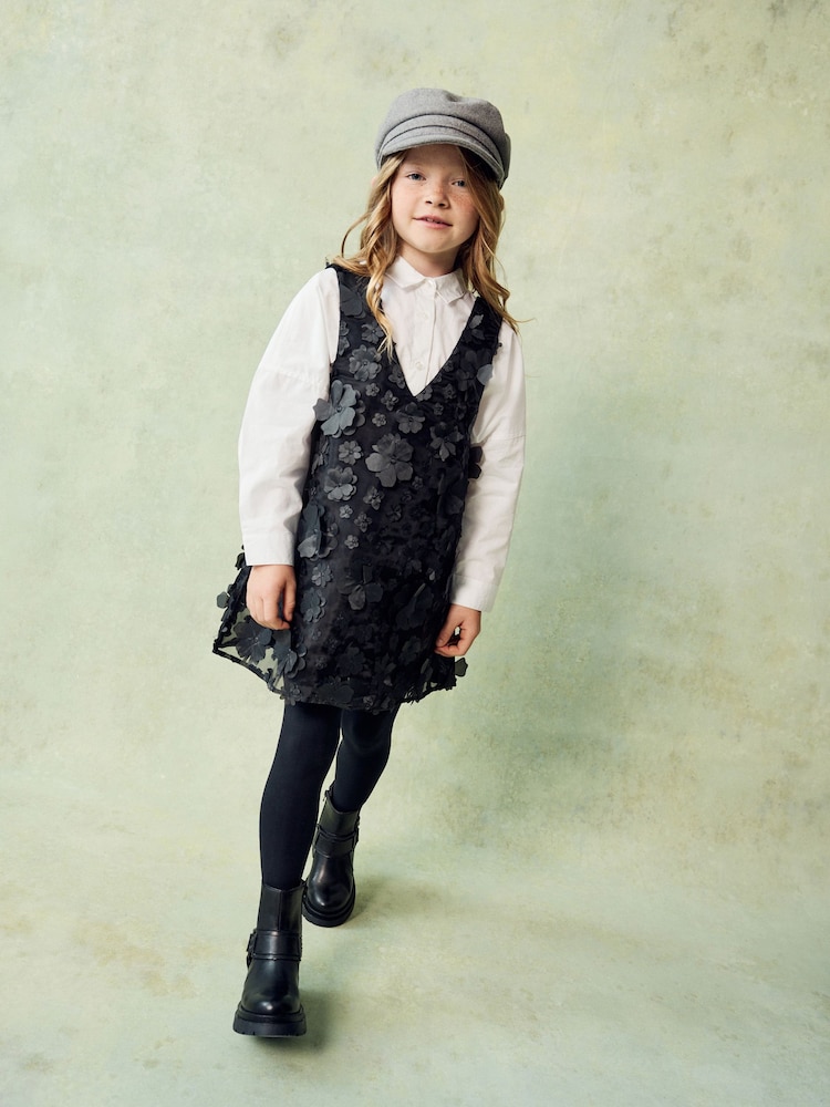 Black 3D Flower Pinafore and Shirt Set (3-16yrs) - Image 1 of 10