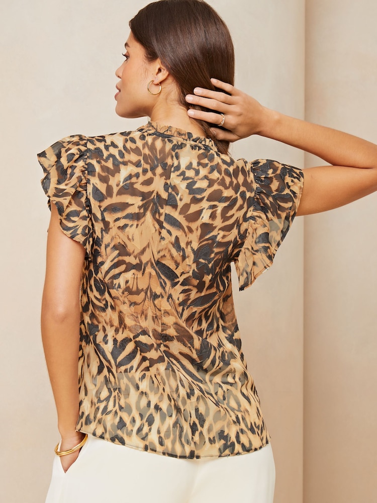 Lipsy Animal Print Ruffle Sleeve V Neck Tie Front Blouse - Image 2 of 4 Lipsy Animal Print Ruffle Sleeve V Neck Tie Front Blouse - Image 2 of 4