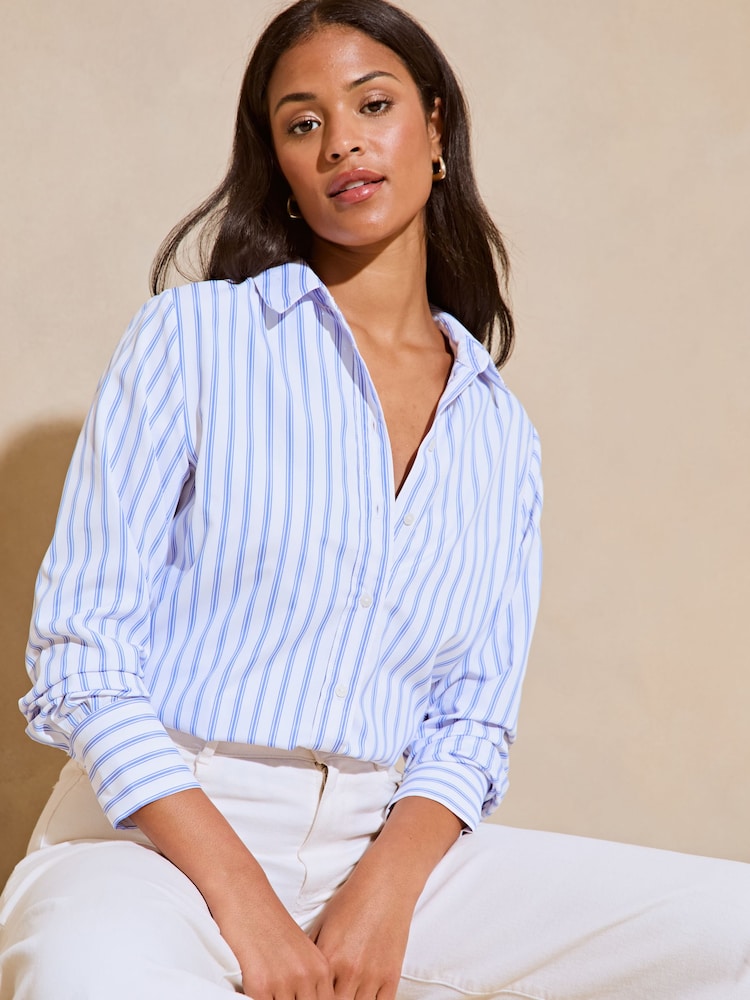 Lipsy Medium Blue Stripe Collared Button Through Shirt - Image 1 of 4