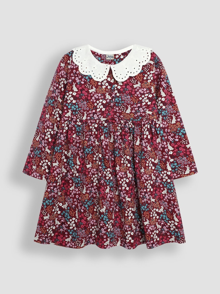 JoJo Maman Bébé Berry Pink Bunny Meadow Floral Broderie Collar Dress - Image 1 of 3