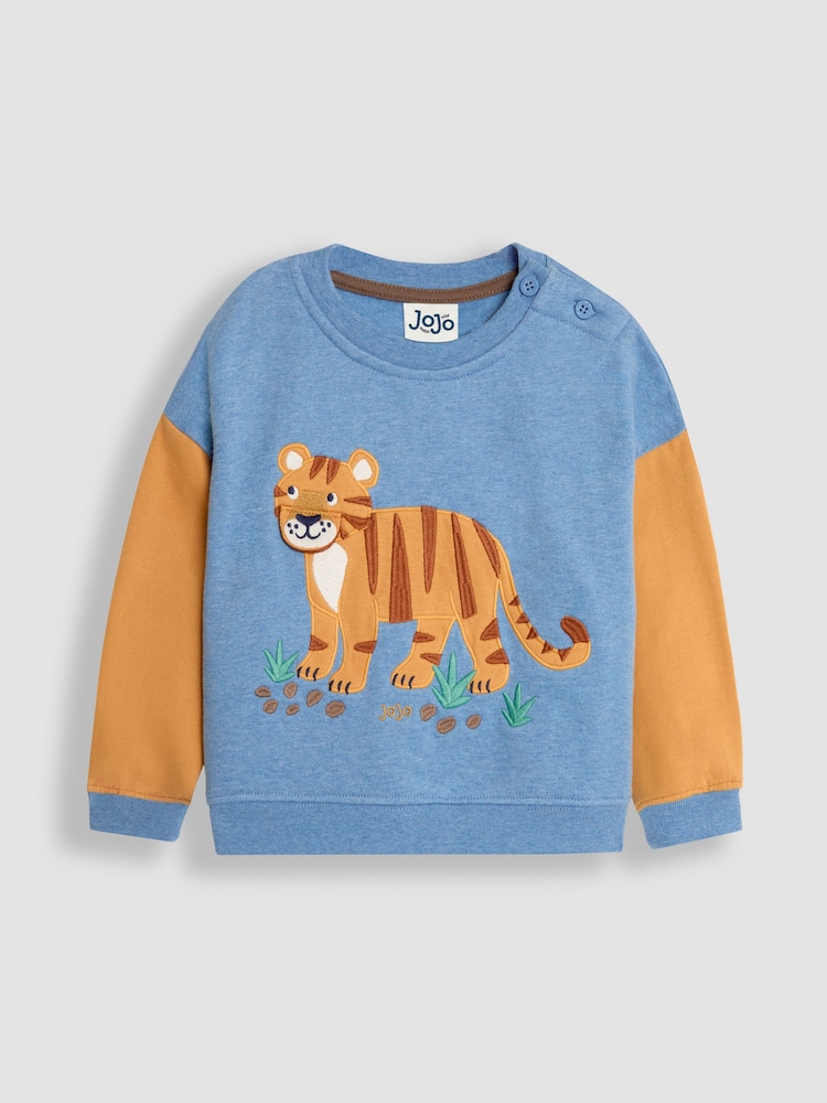 JoJo Maman Bébé Blue Tiger Colour Block Appliqué Sweatshirt & Jogger Set - Image 2 of 10