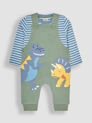 JoJo Maman Bébé Khaki Green Dinosaur Appliqué Dungarees & Top Set - Image 1 of 6