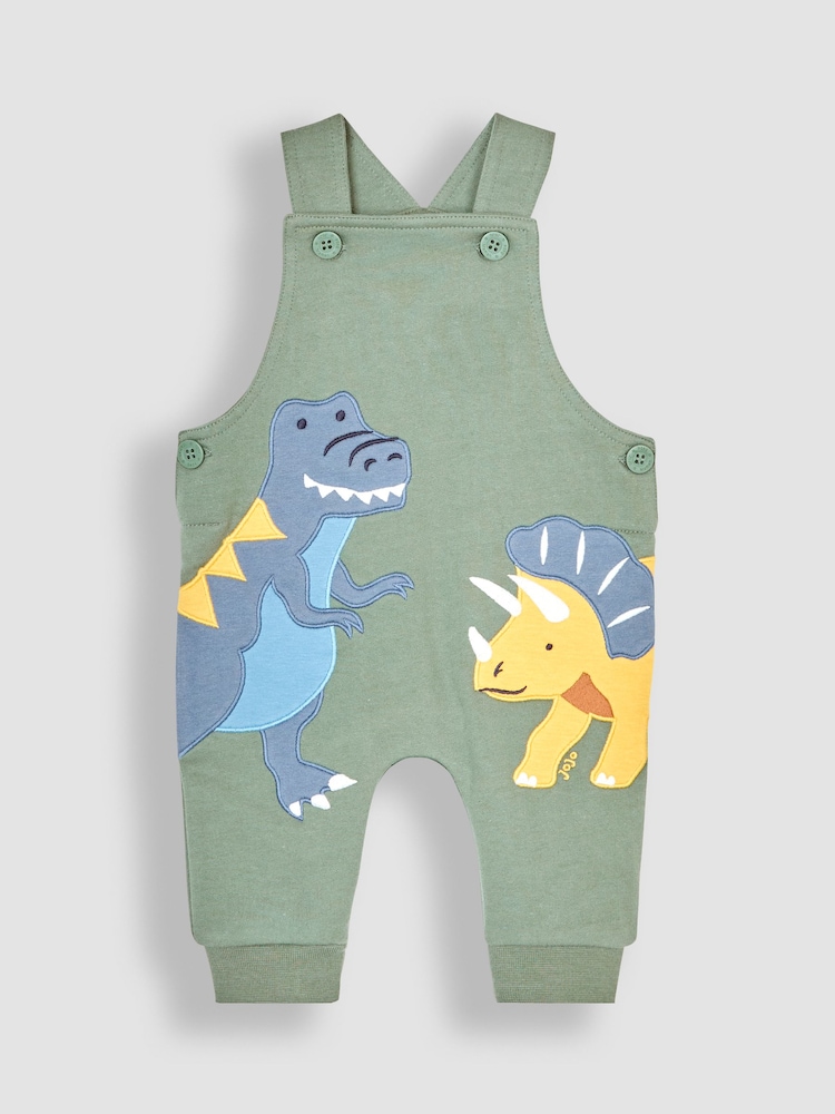 JoJo Maman Bébé Khaki Green Dinosaur Appliqué Dungarees & Top Set - Image 2 of 6