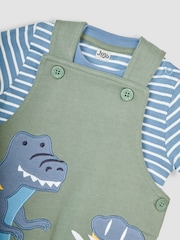 JoJo Maman Bébé Khaki Green Dinosaur Appliqué Dungarees & Top Set - Image 6 of 6