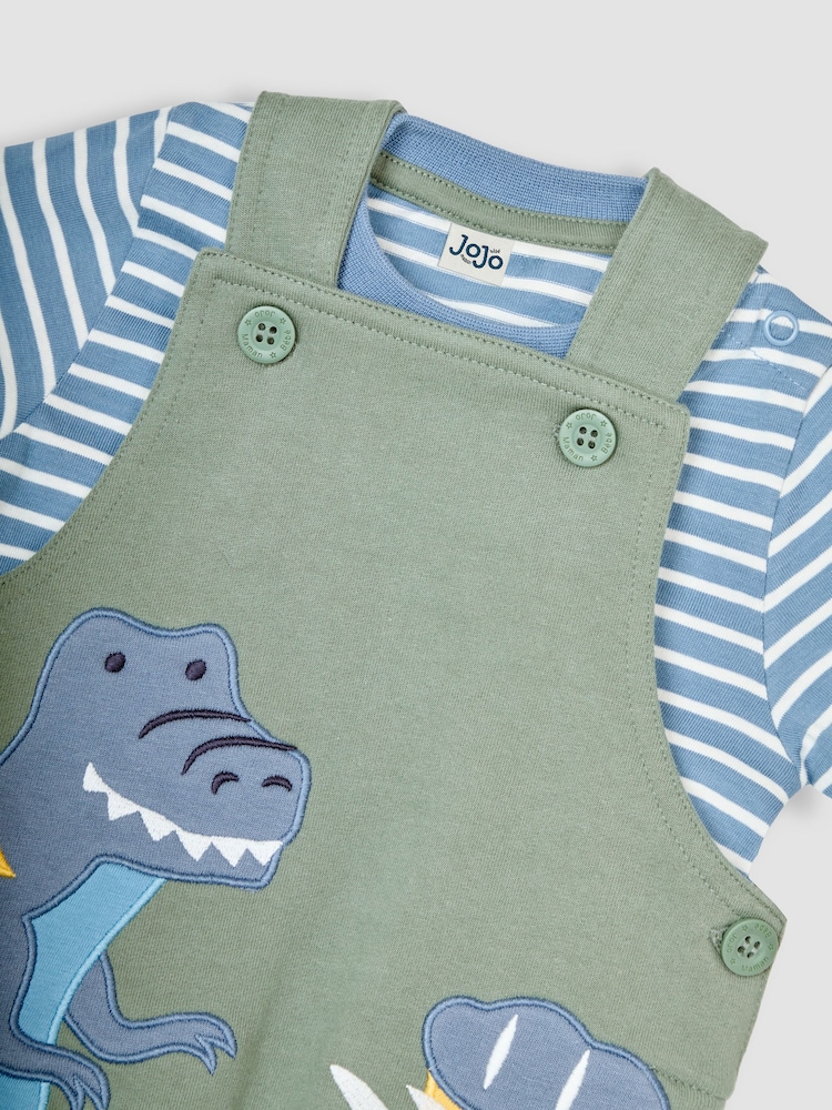 JoJo Maman Bébé Khaki Green Dinosaur Appliqué Dungarees & Top Set - Image 6 of 6