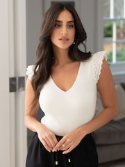 Pour Moi Natural Sara Broderie Frill Sleeve Rib Knit Vest - Image 1 of 4