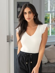 Pour Moi Natural Sara Broderie Frill Sleeve Rib Knit Vest - Image 2 of 4
