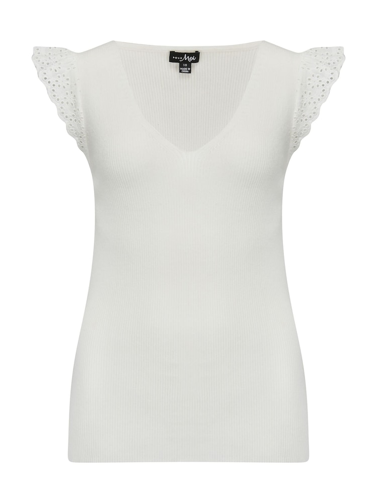 Pour Moi Natural Sara Broderie Frill Sleeve Rib Knit Vest - Image 3 of 4