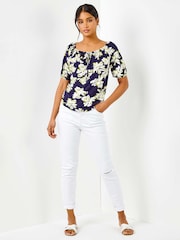 Roman Blue Floral Print Stretch Bardot Top - Image 1 of 5
