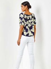 Roman Blue Floral Print Stretch Bardot Top - Image 2 of 5