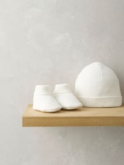 Mamas & Papas White 2 Piece Fine Knit 100% Cotton Hat & Booties Set - Image 5 of 5