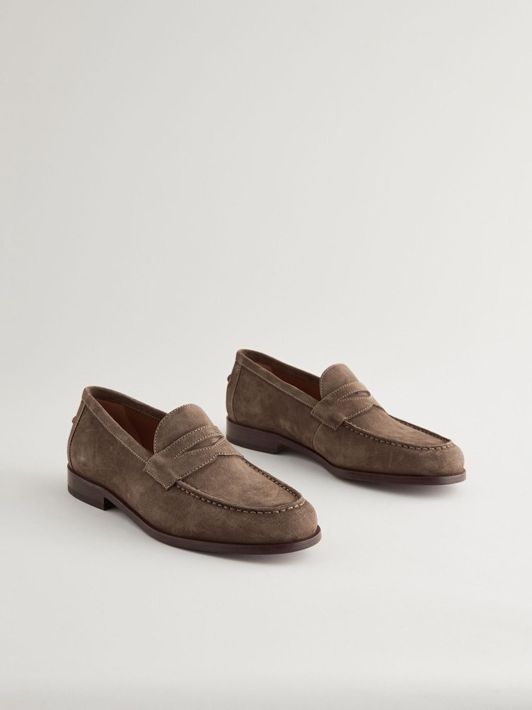 Taupe/Brown Signature Italian Leather Penny Loafers - Image 2 of 6 Taupe/Brown Signature Italian Leather Penny Loafers - Image 2 of 6