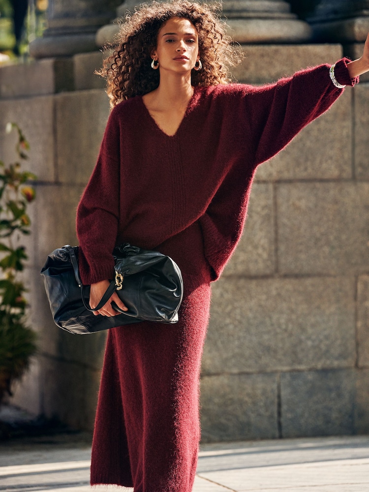 Red Burgundy Relaxed Fit Soft Touch V-Neck Knitted Jumper with Wool - Image 1 of 4