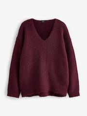 Red Burgundy Relaxed Fit Soft Touch V-Neck Knitted Jumper with Wool - Image 3 of 4