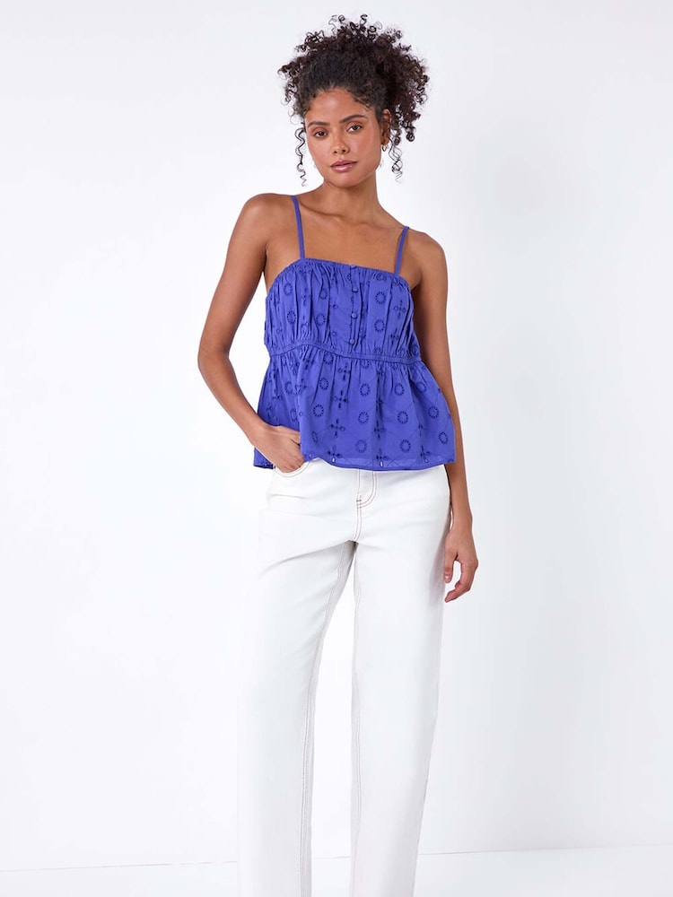 Dusk Blue 100% Cotton Broderie Vest Top - Image 2 of 5