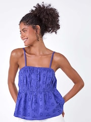 Dusk Blue 100% Cotton Broderie Vest Top - Image 4 of 5