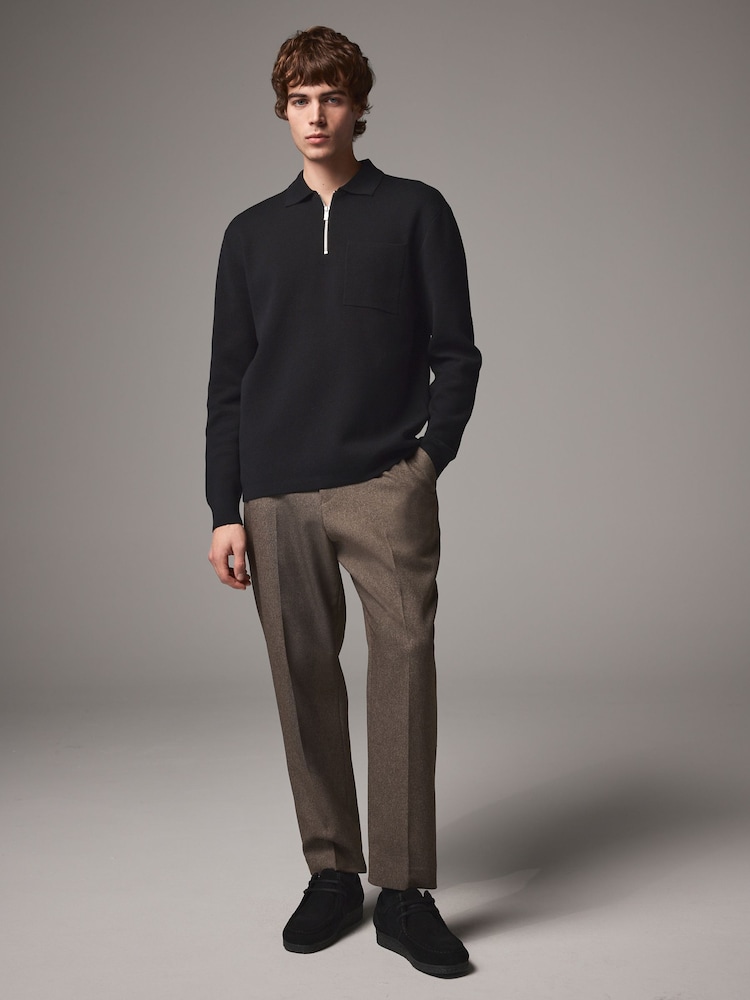 Black Regular Fit Cotton Rich Knit Long Sleeve Polo Shirt - Image 1 of 7