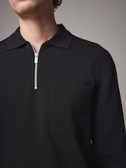 Black Regular Fit Cotton Rich Knit Long Sleeve Polo Shirt - Image 4 of 7